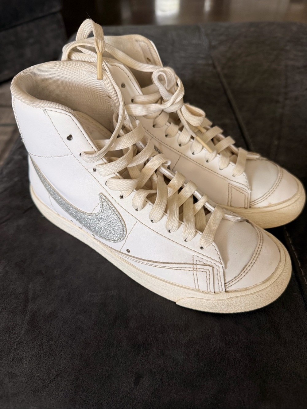 Nike Women's Cream-White High-Top Sneakers with Silver Swoosh